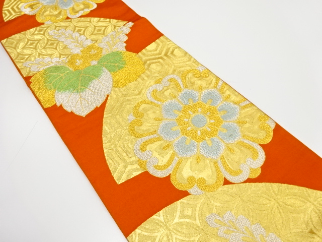 JAPANESE KIMONO / ANTIQUE FUKURO OBI / SILK / WOVEN FLORAL CREST & PAULOWNIA